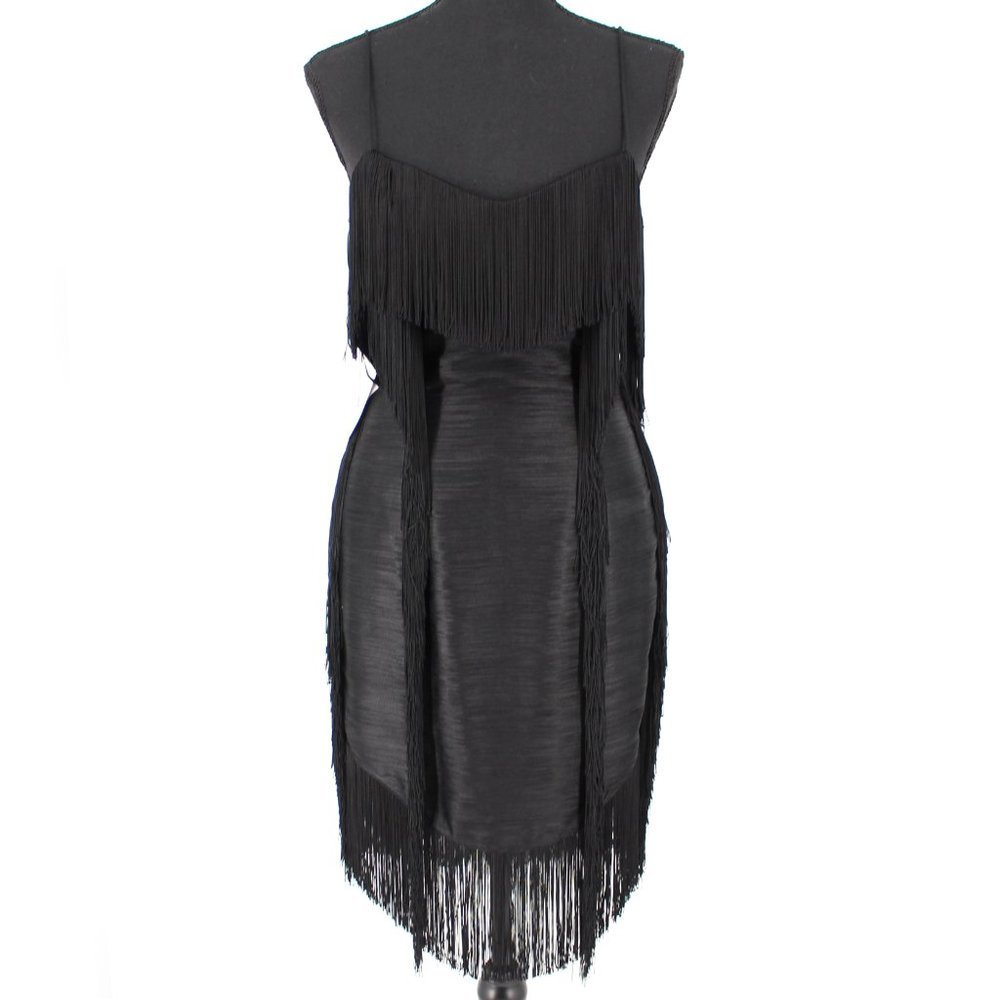 BALMAIN Patchwork Fringe Flapper Sleeveless Black 36 Dress NEW Sweetheart Mini